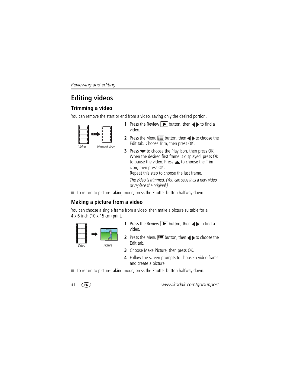 Editing videos, Trimming a video, Making a picture from a video | Kodak M23 User Manual | Page 38 / 68