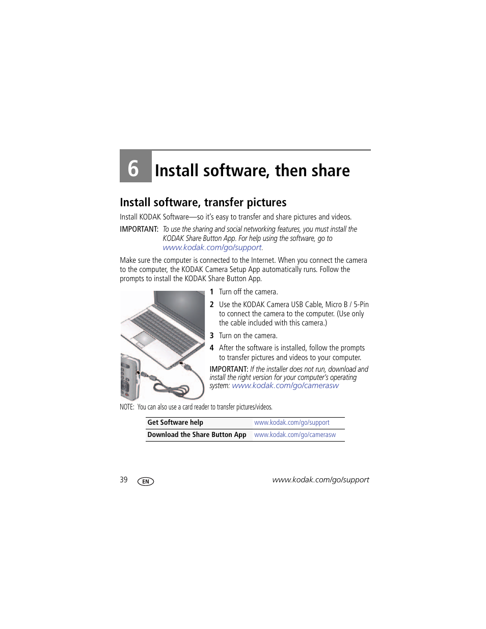 Install software, then share, Install software, transfer pictures, 6 install software, then share | Kodak M23 User Manual | Page 46 / 68