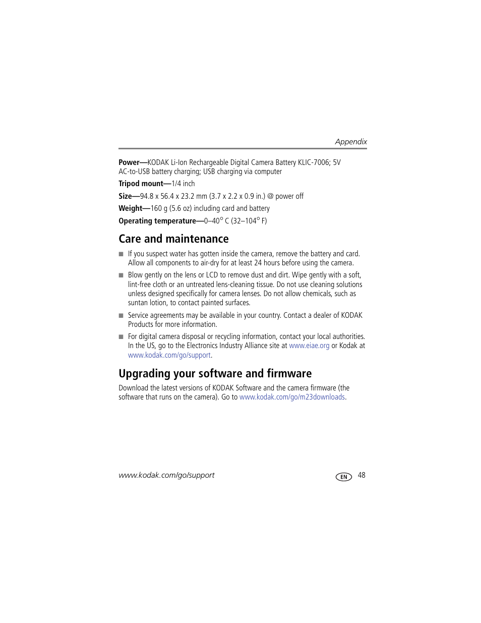 Care and maintenance, Upgrading your software and firmware, The lens | Kodak M23 User Manual | Page 55 / 68