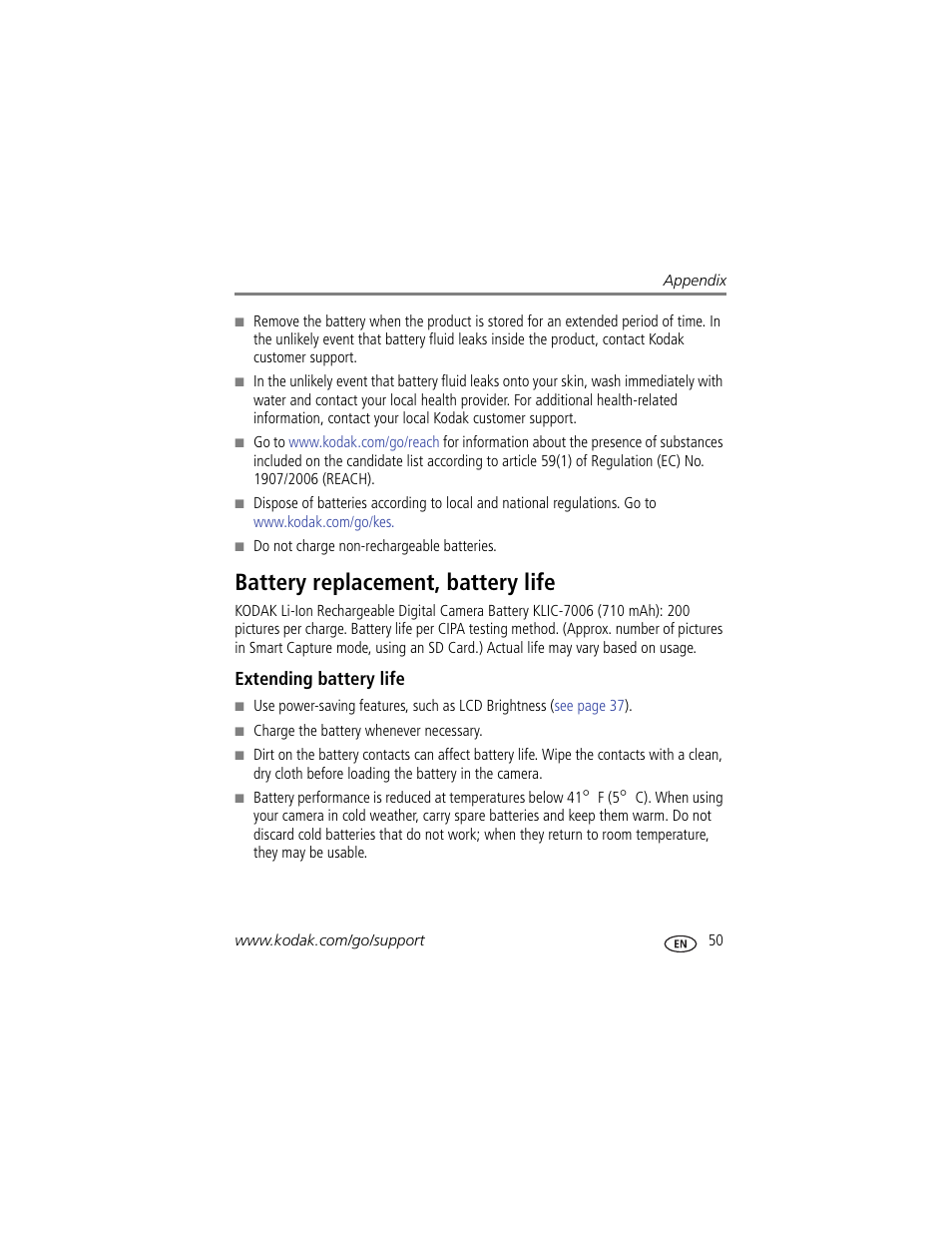 Battery replacement, battery life, Extending battery life, Alled | Kodak M23 User Manual | Page 57 / 68