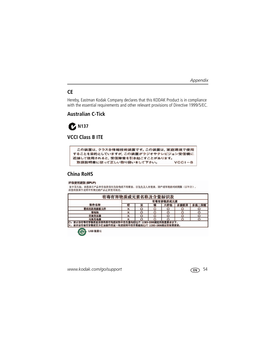 Australian c-tick, Vcci class b ite, China rohs | Kodak M23 User Manual | Page 61 / 68