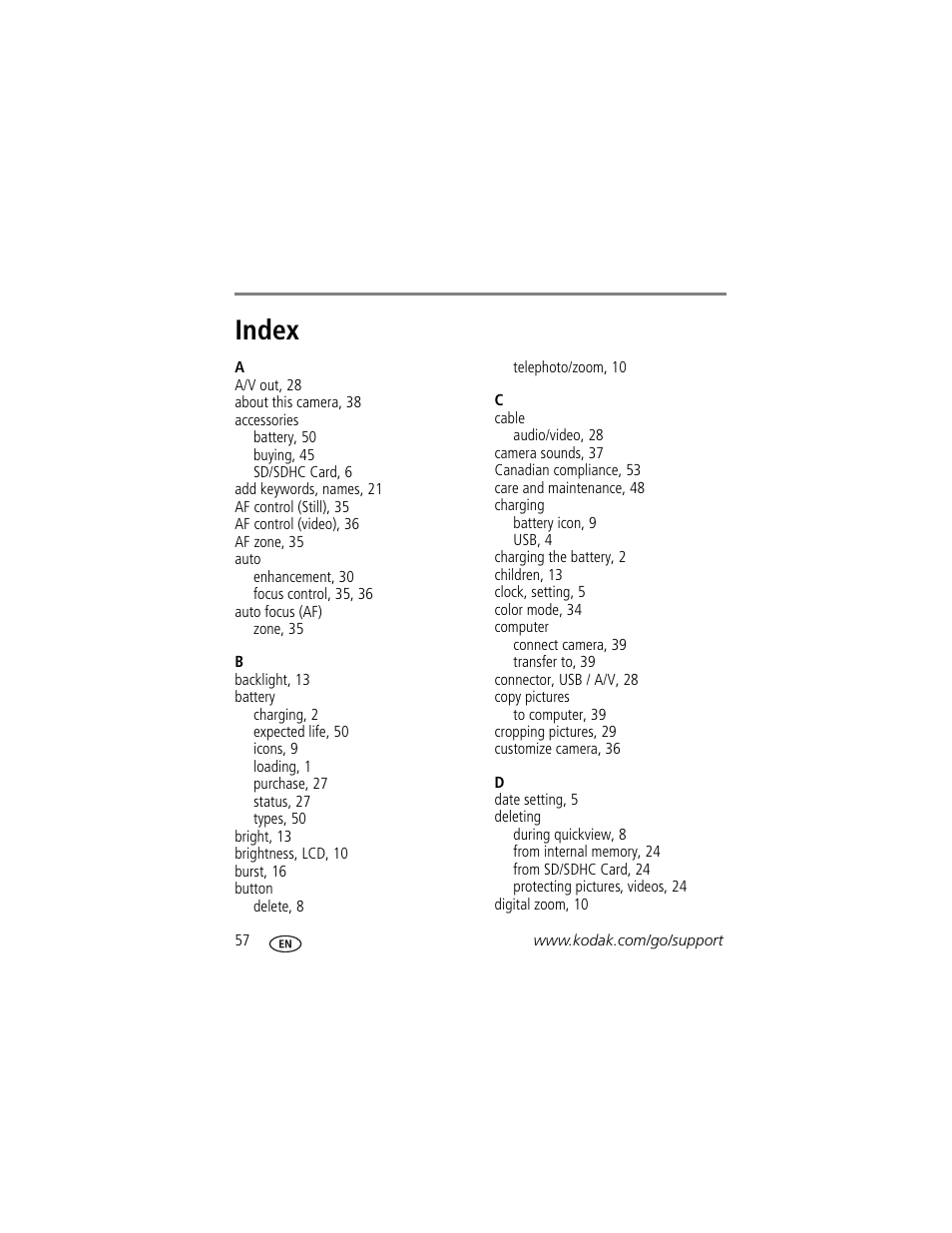 Index | Kodak M23 User Manual | Page 64 / 68