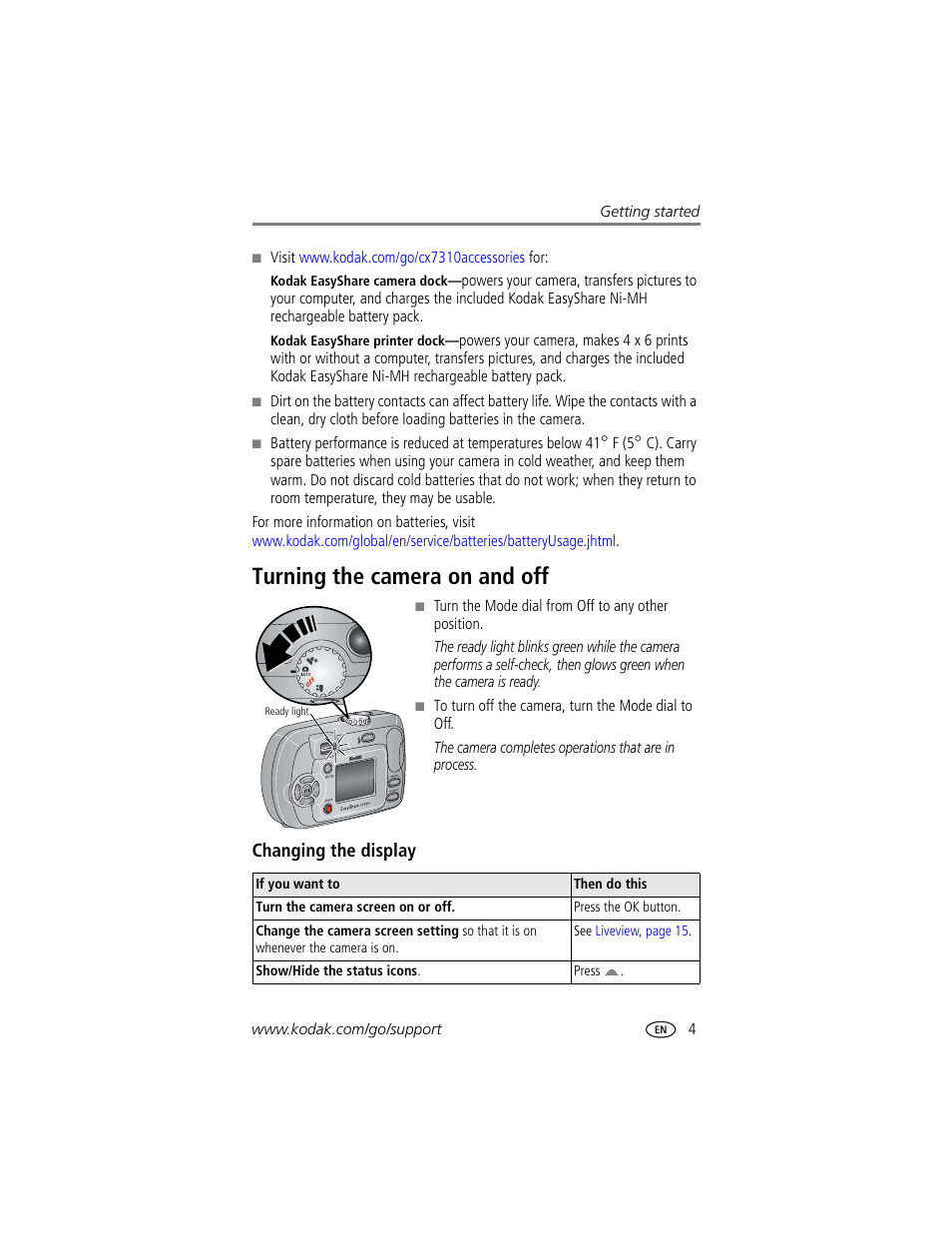 Turning the camera on and off, Changing the display | Kodak CX7310 User Manual | Page 11 / 56