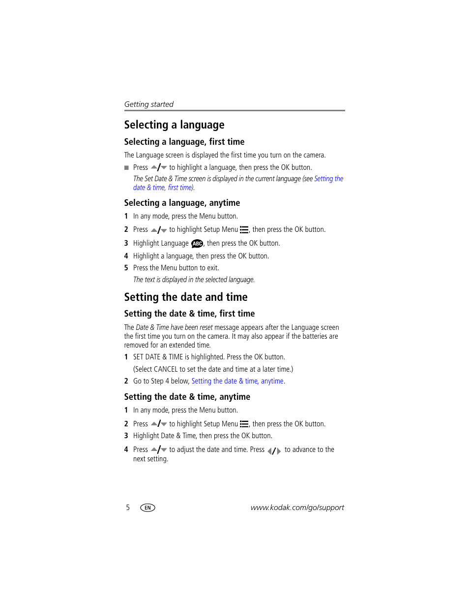 Selecting a language, Selecting a language, first time, Selecting a language, anytime | Setting the date and time, Setting the date & time, first time, Setting the date & time, anytime, Selecting a language setting the date and time | Kodak CX7310 User Manual | Page 12 / 56