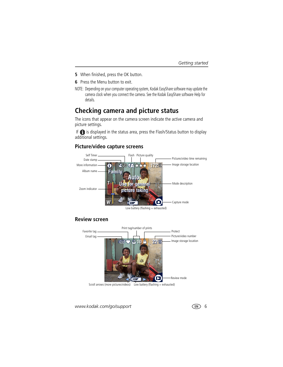 Checking camera and picture status, Picture/video capture screens, Review screen | Picture/video capture screens review screen | Kodak CX7310 User Manual | Page 13 / 56
