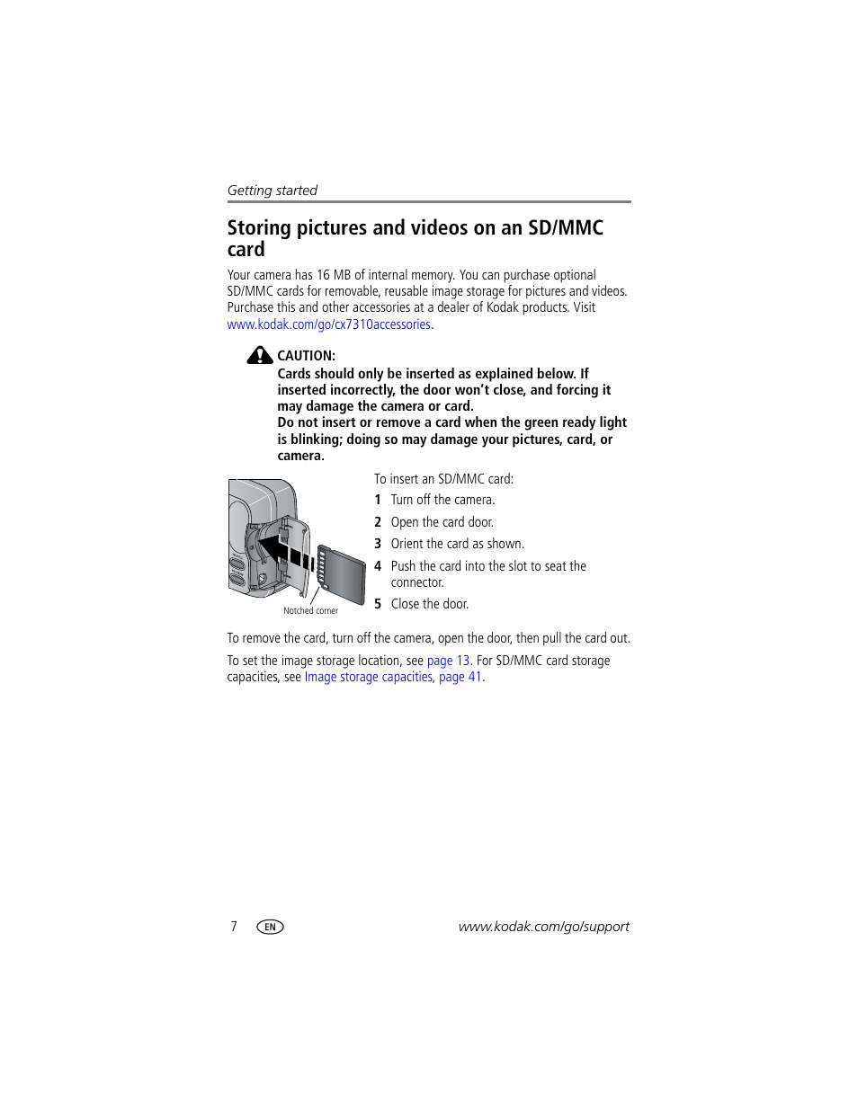Storing pictures and videos on an sd/mmc card | Kodak CX7310 User Manual | Page 14 / 56