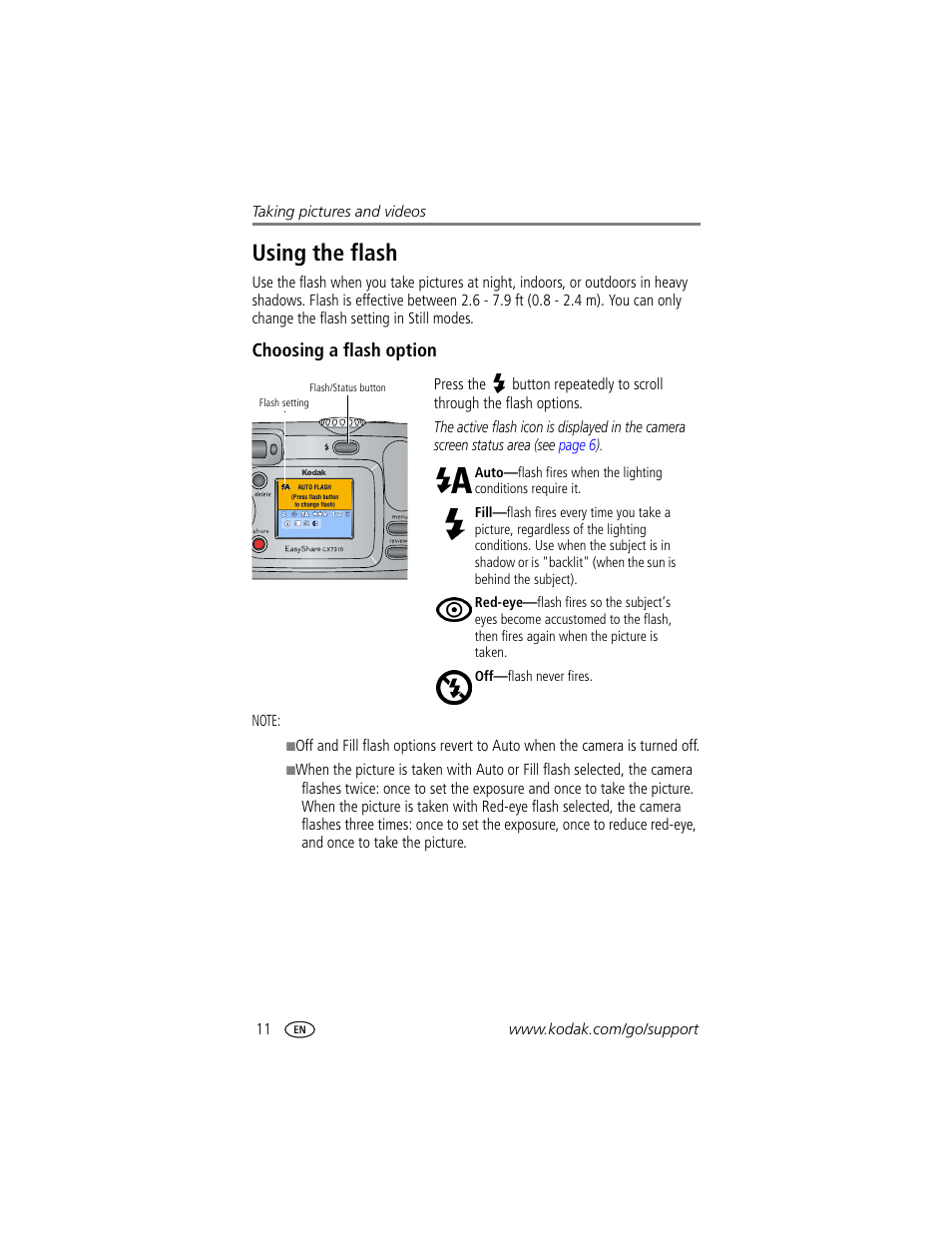 Using the flash, Choosing a flash option | Kodak CX7310 User Manual | Page 18 / 56