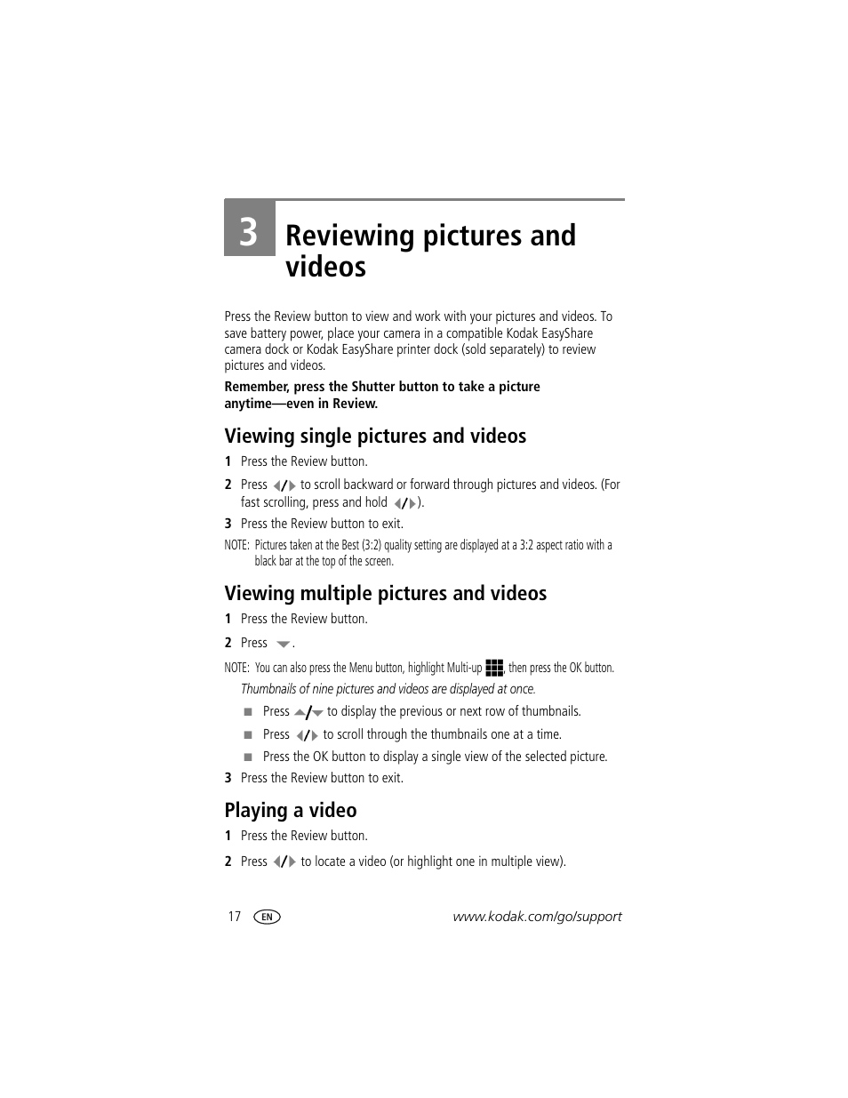 3 reviewing pictures and videos, Viewing single pictures and videos, Viewing multiple pictures and videos | Playing a video, Reviewing pictures and videos | Kodak CX7310 User Manual | Page 24 / 56