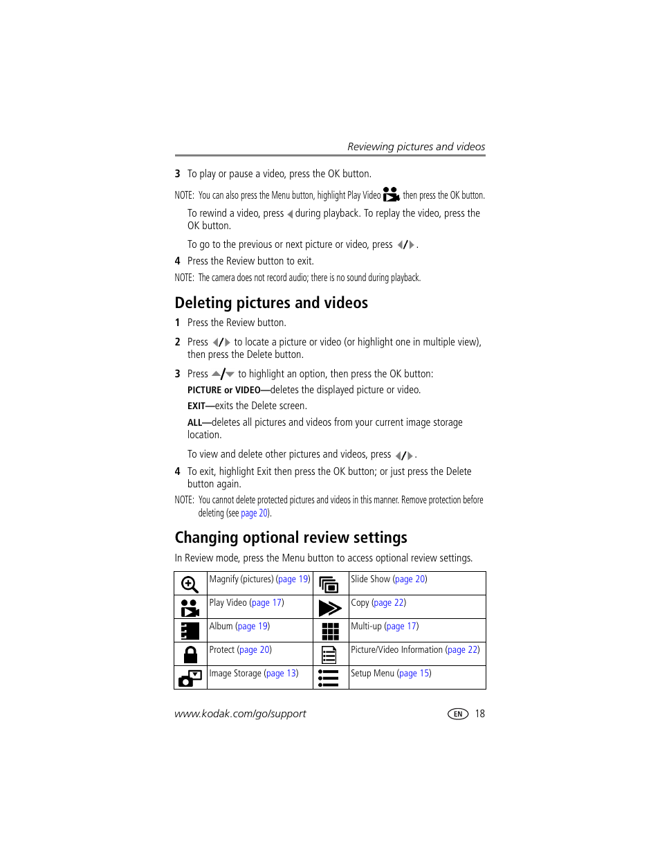Deleting pictures and videos, Changing optional review settings | Kodak CX7310 User Manual | Page 25 / 56