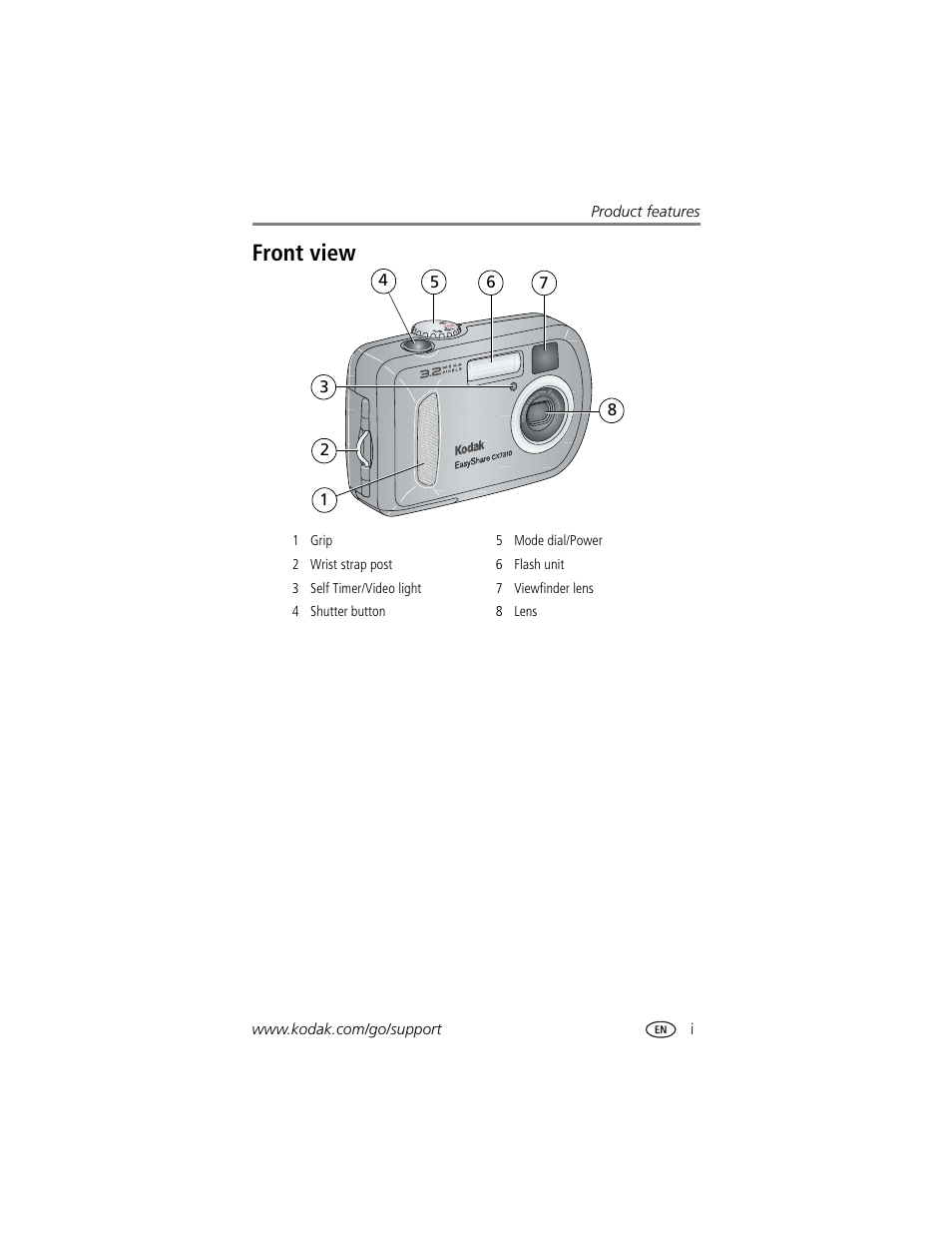 Product features, Front view | Kodak CX7310 User Manual | Page 3 / 56