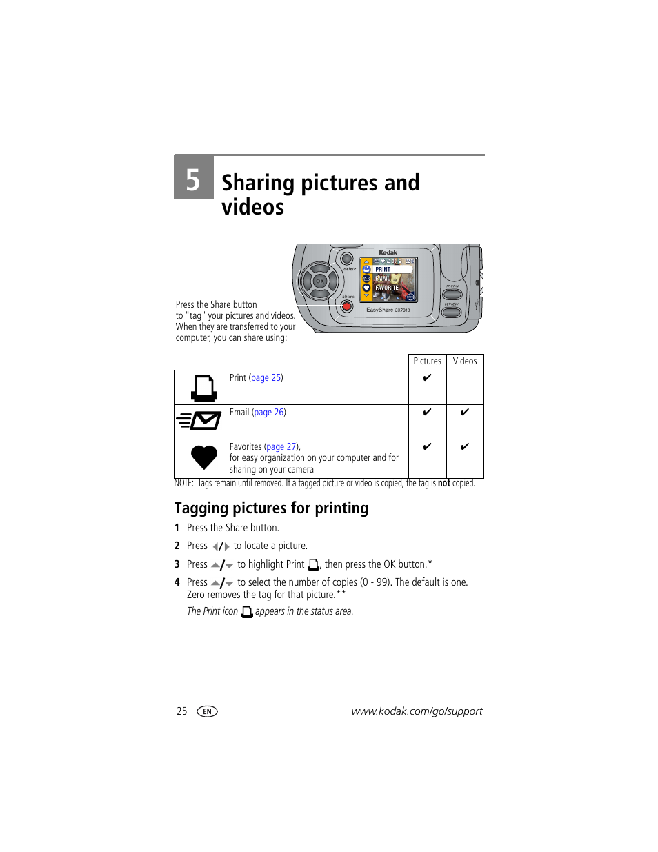 5 sharing pictures and videos, Tagging pictures for printing, Sharing pictures and videos | Kodak CX7310 User Manual | Page 32 / 56
