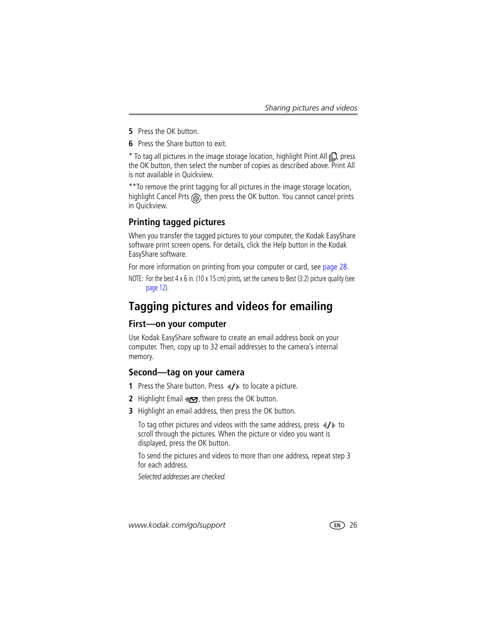 Printing tagged pictures, Tagging pictures and videos for emailing, First-on your computer | Second-tag on your camera, Email | Kodak CX7310 User Manual | Page 33 / 56