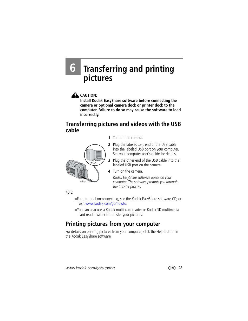 6 transferring and printing pictures, Printing pictures from your computer, Transferring and printing pictures | Kodak CX7310 User Manual | Page 35 / 56
