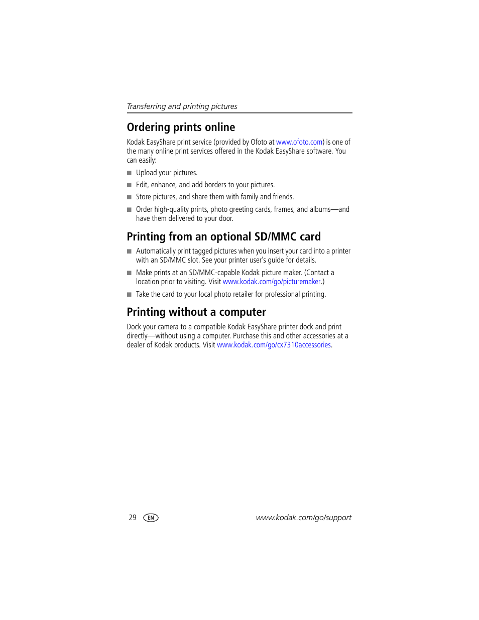 Ordering prints online, Printing from an optional sd/mmc card, Printing without a computer | Kodak CX7310 User Manual | Page 36 / 56