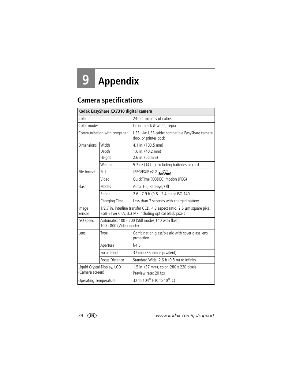 9 appendix, Camera specifications, Appendix | Kodak CX7310 User Manual | Page 46 / 56