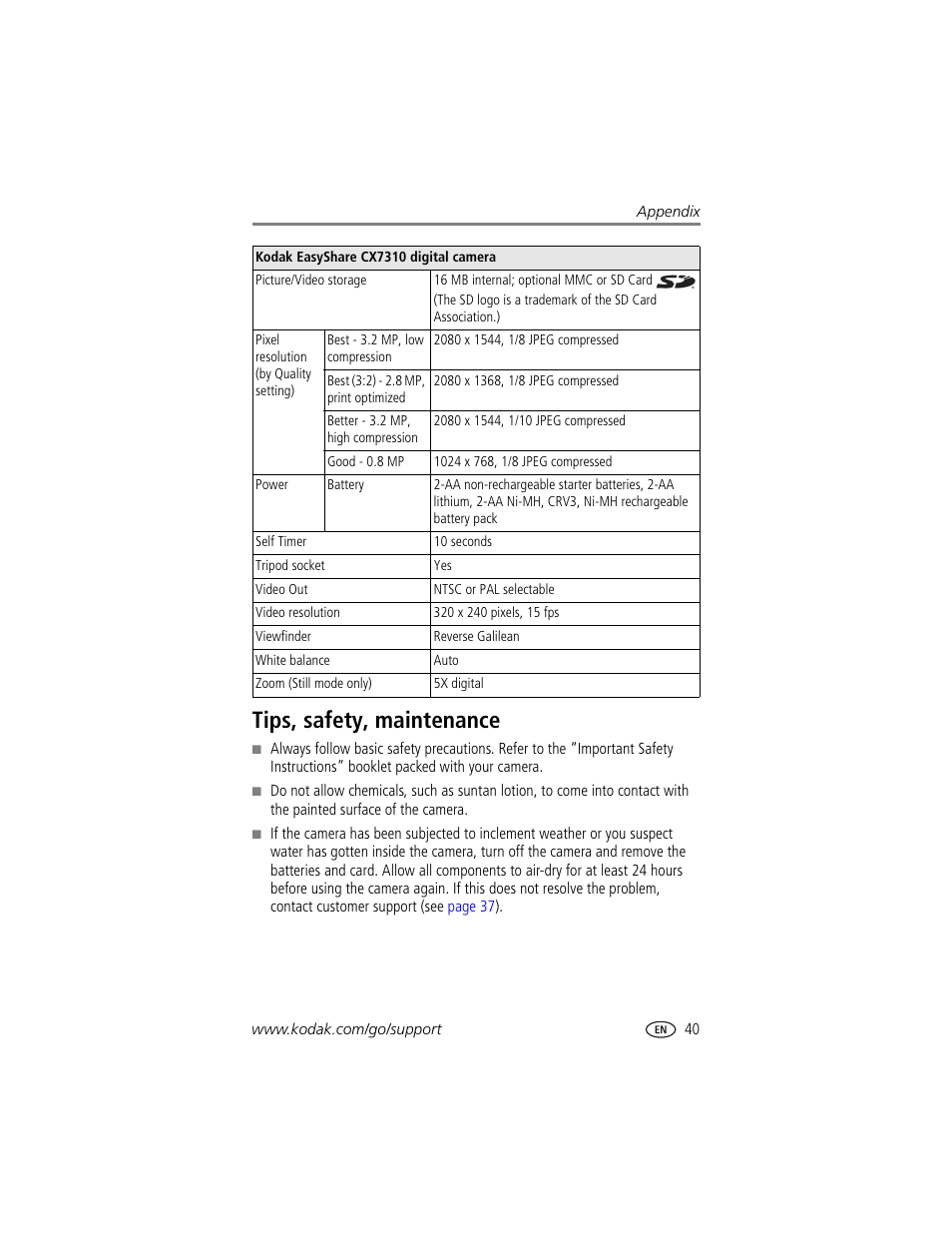 Tips, safety, maintenance | Kodak CX7310 User Manual | Page 47 / 56