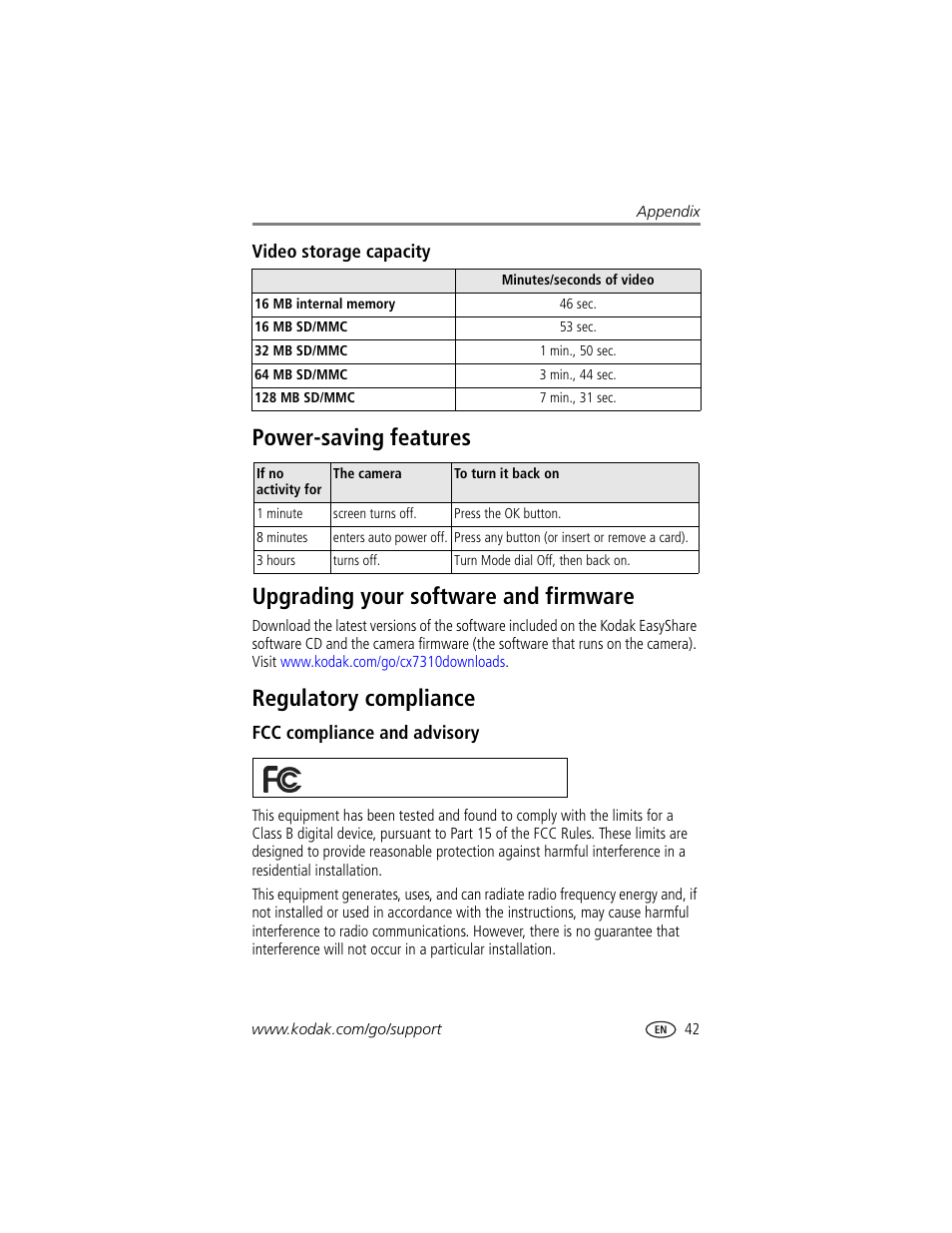 Video storage capacity, Power-saving features, Upgrading your software and firmware | Regulatory compliance, Fcc compliance and advisory | Kodak CX7310 User Manual | Page 49 / 56