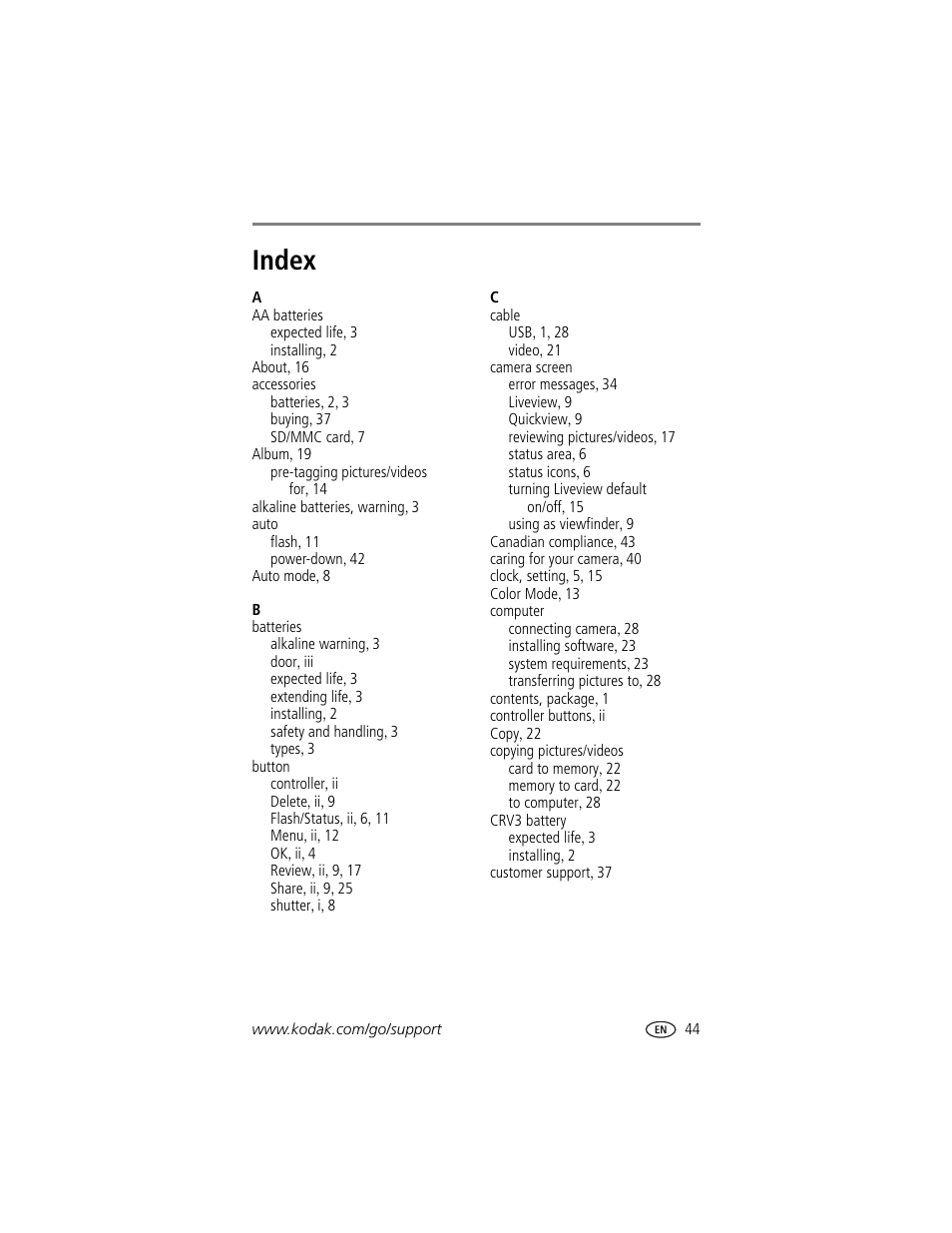 Index | Kodak CX7310 User Manual | Page 51 / 56