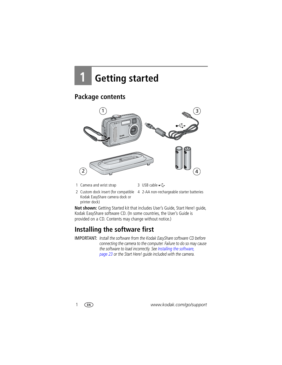 1 getting started, Package contents, Installing the software first | Package contents installing the software first, Getting started | Kodak CX7310 User Manual | Page 8 / 56