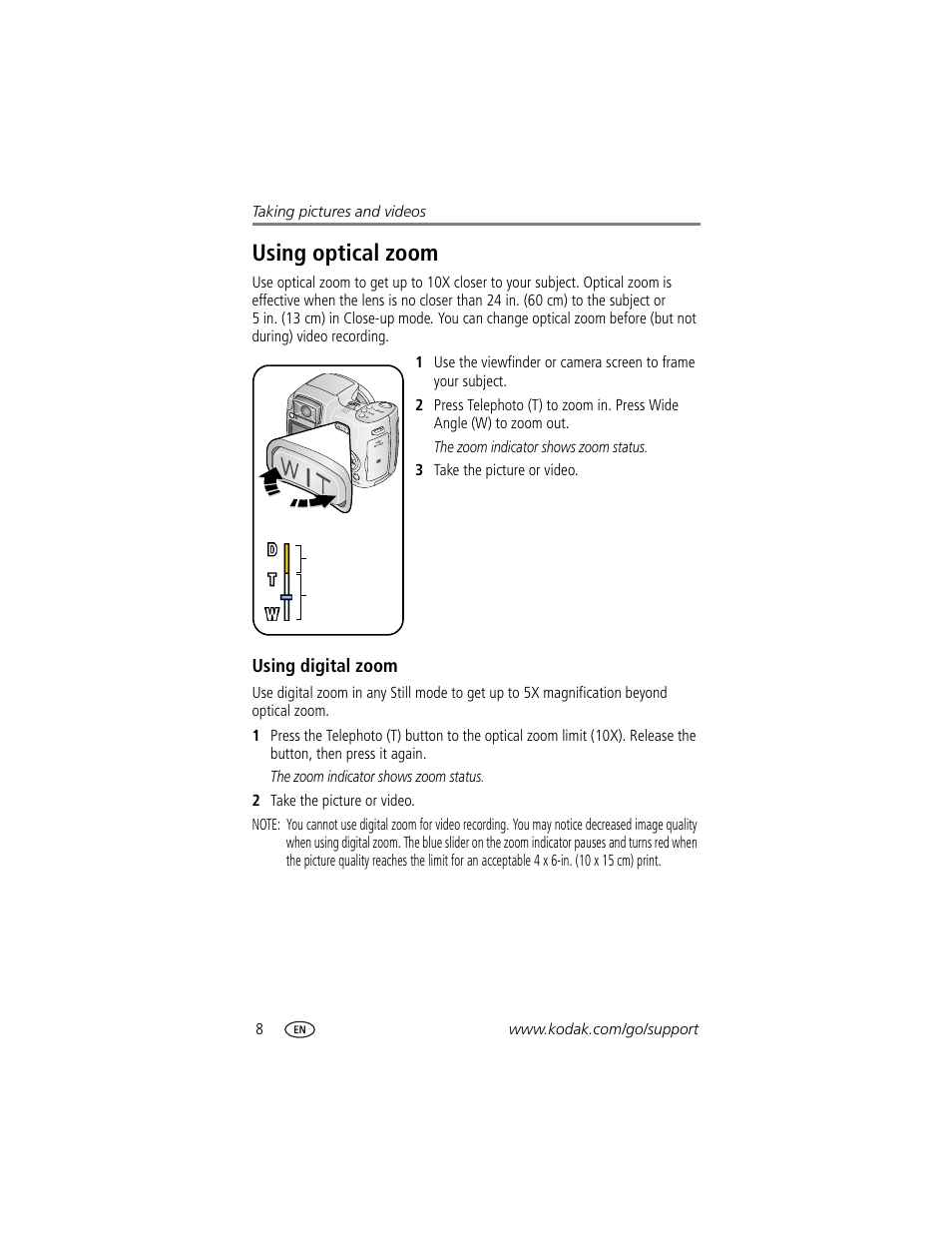 Using digital zoom, Using optical zoom | Kodak Z740 User Manual | Page 14 / 70