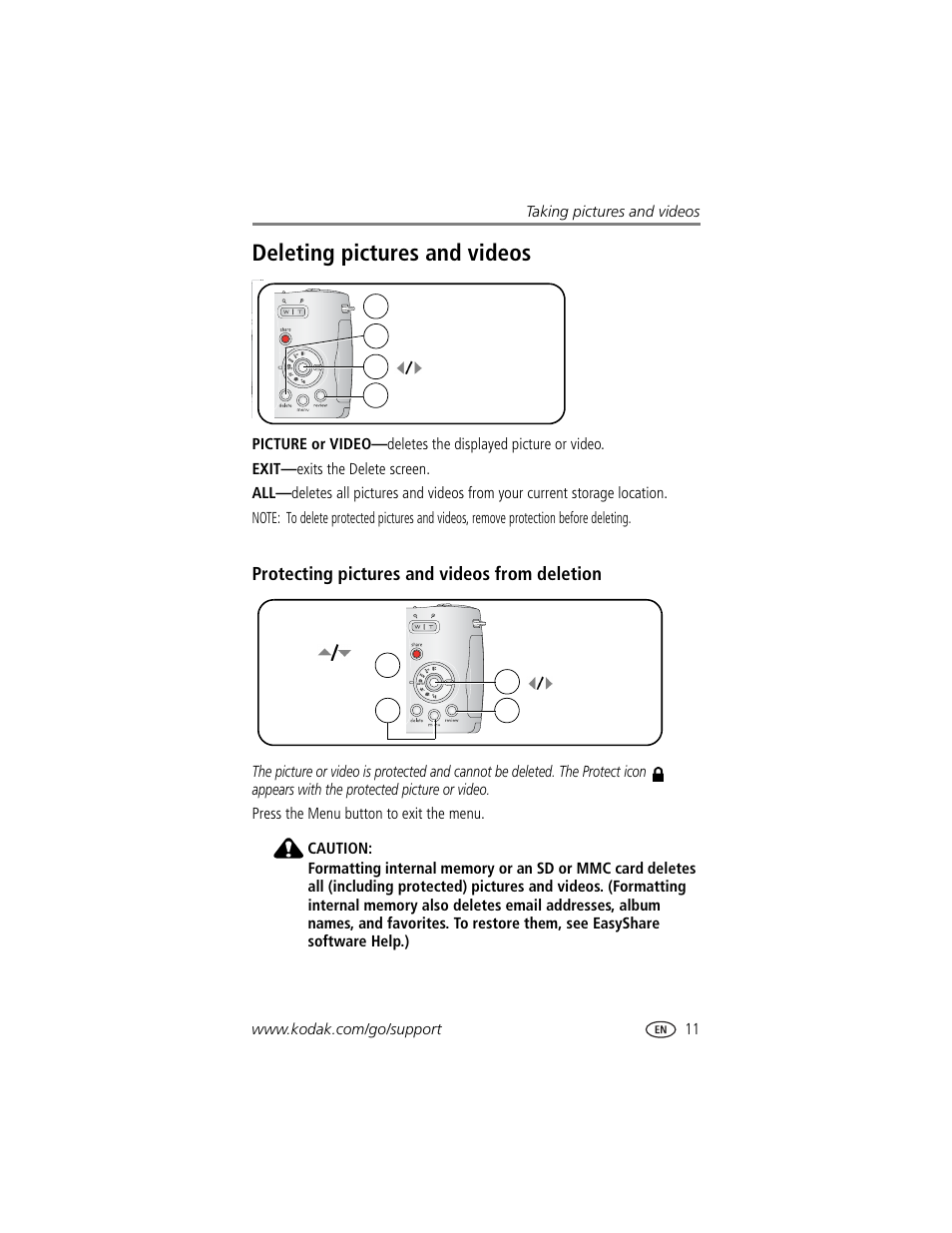 Protecting pictures and videos from deletion, Deleting pictures and videos | Kodak Z740 User Manual | Page 17 / 70