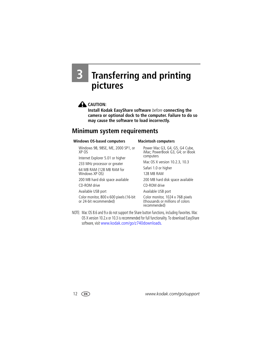 Transferring and printing pictures, Minimum system requirements, 3 transferring and printing pictures | Kodak Z740 User Manual | Page 18 / 70