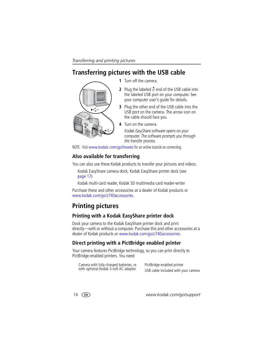 Also available for transferring, Printing pictures, Printing with a kodak easyshare printer dock | Direct printing with a pictbridge enabled printer, Transferring pictures with the usb cable | Kodak Z740 User Manual | Page 20 / 70