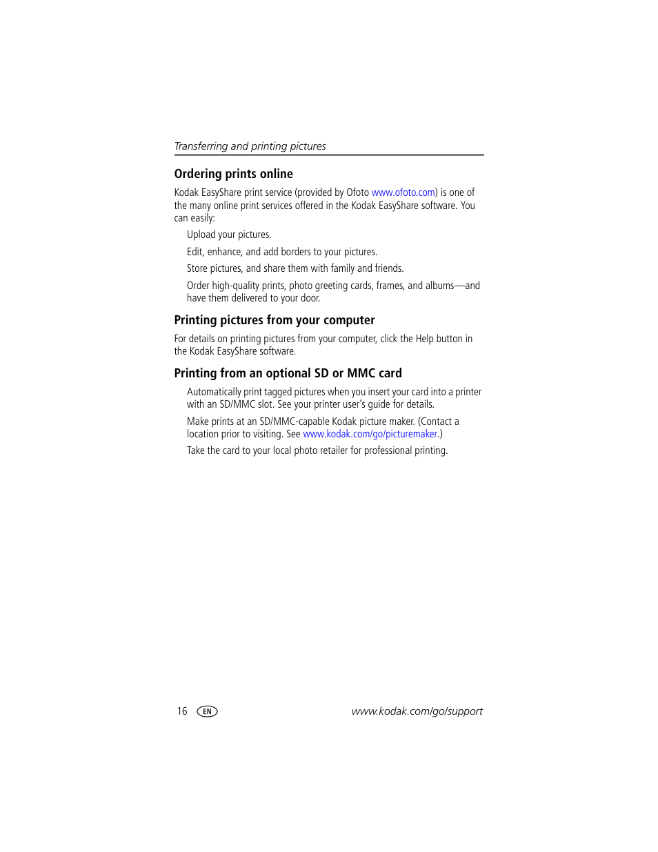 Printing pictures from your computer, Printing from an optional sd or mmc card | Kodak Z740 User Manual | Page 22 / 70
