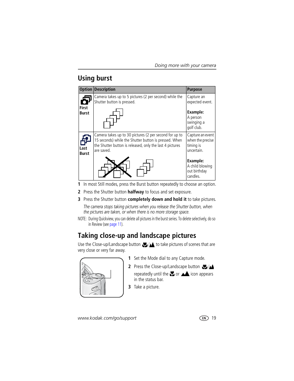 Using burst, Taking close-up and landscape pictures, Using burst taking close-up and landscape pictures | Kodak Z740 User Manual | Page 25 / 70