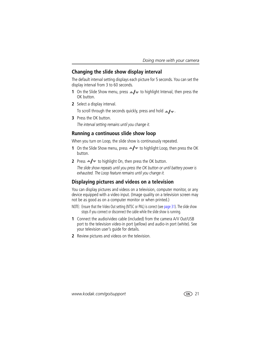 Running a continuous slide show loop, Displaying pictures and videos on a television | Kodak Z740 User Manual | Page 27 / 70