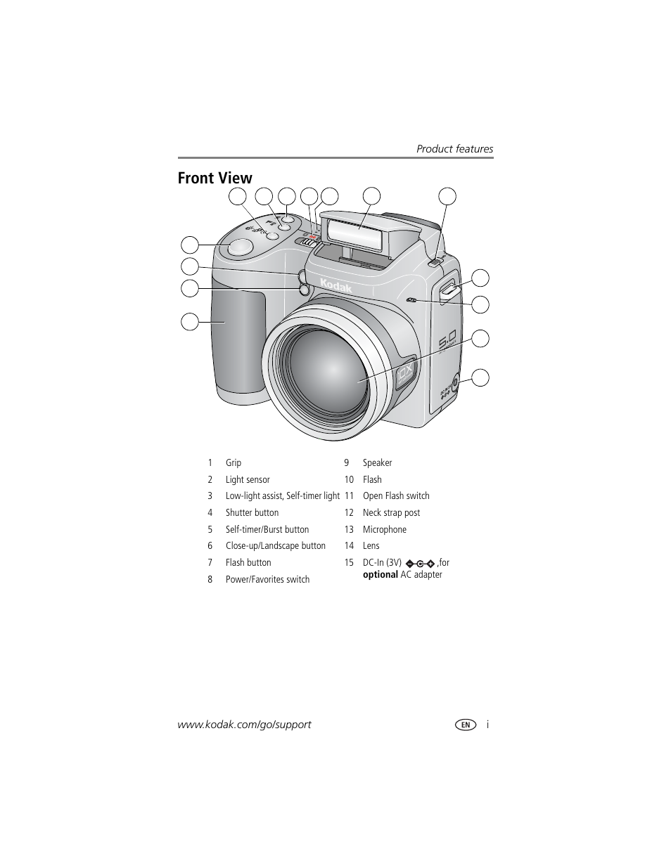 Product features, Front view | Kodak Z740 User Manual | Page 3 / 70