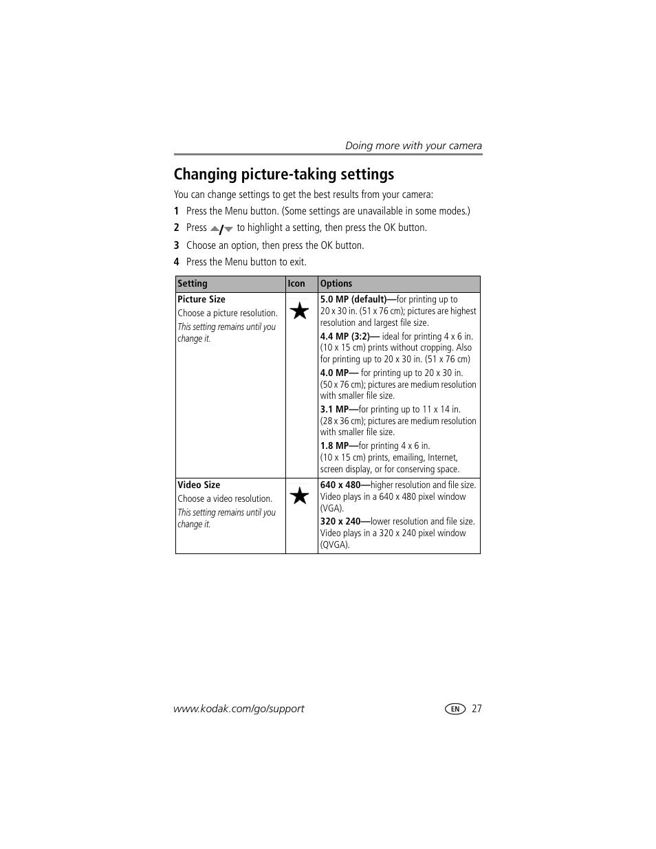 Changing picture-taking settings | Kodak Z740 User Manual | Page 33 / 70