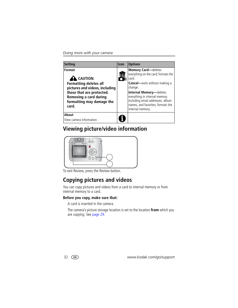 Viewing picture/video information, Copying pictures and videos | Kodak Z740 User Manual | Page 38 / 70