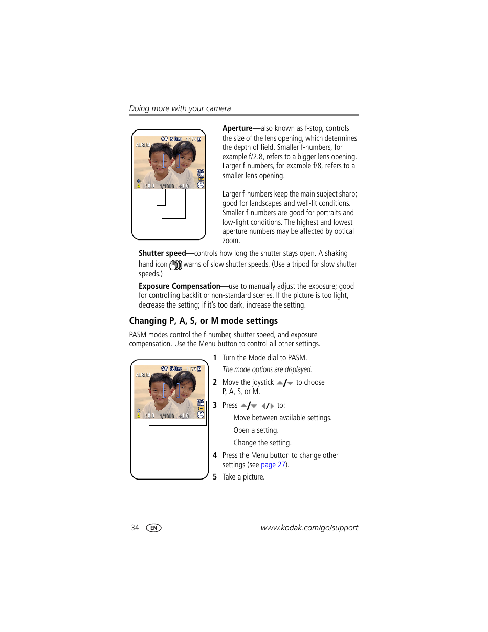 Changing p, a, s, or m mode settings | Kodak Z740 User Manual | Page 40 / 70