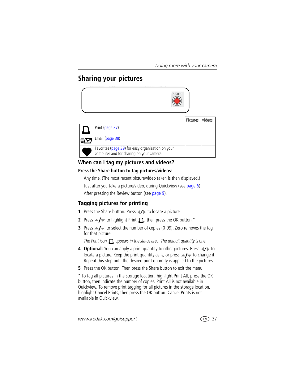 When can i tag my pictures and videos, Tagging pictures for printing, Sharing your pictures | Kodak Z740 User Manual | Page 43 / 70