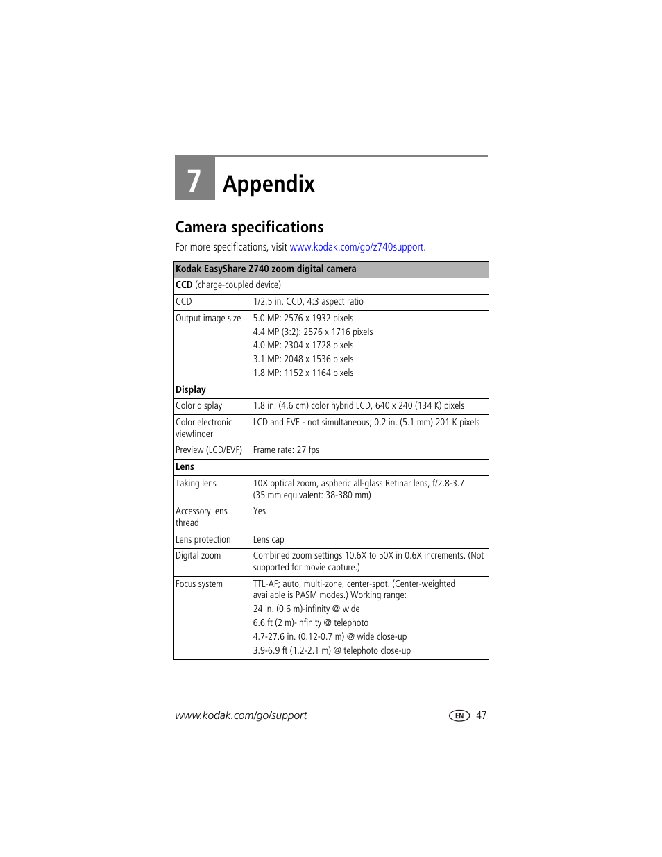 Appendix, Camera specifications, 7 appendix | Kodak Z740 User Manual | Page 53 / 70