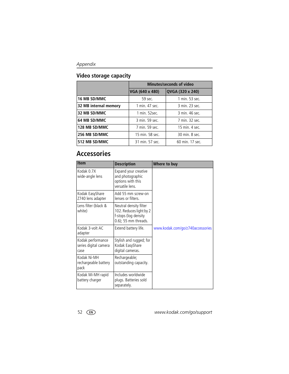 Video storage capacity, Accessories | Kodak Z740 User Manual | Page 58 / 70