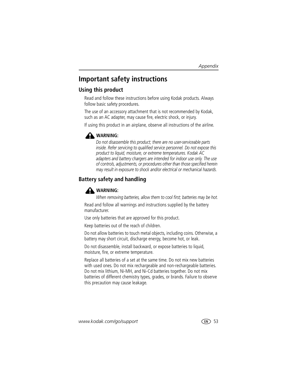 Important safety instructions, Using this product, Battery safety and handling | Kodak Z740 User Manual | Page 59 / 70