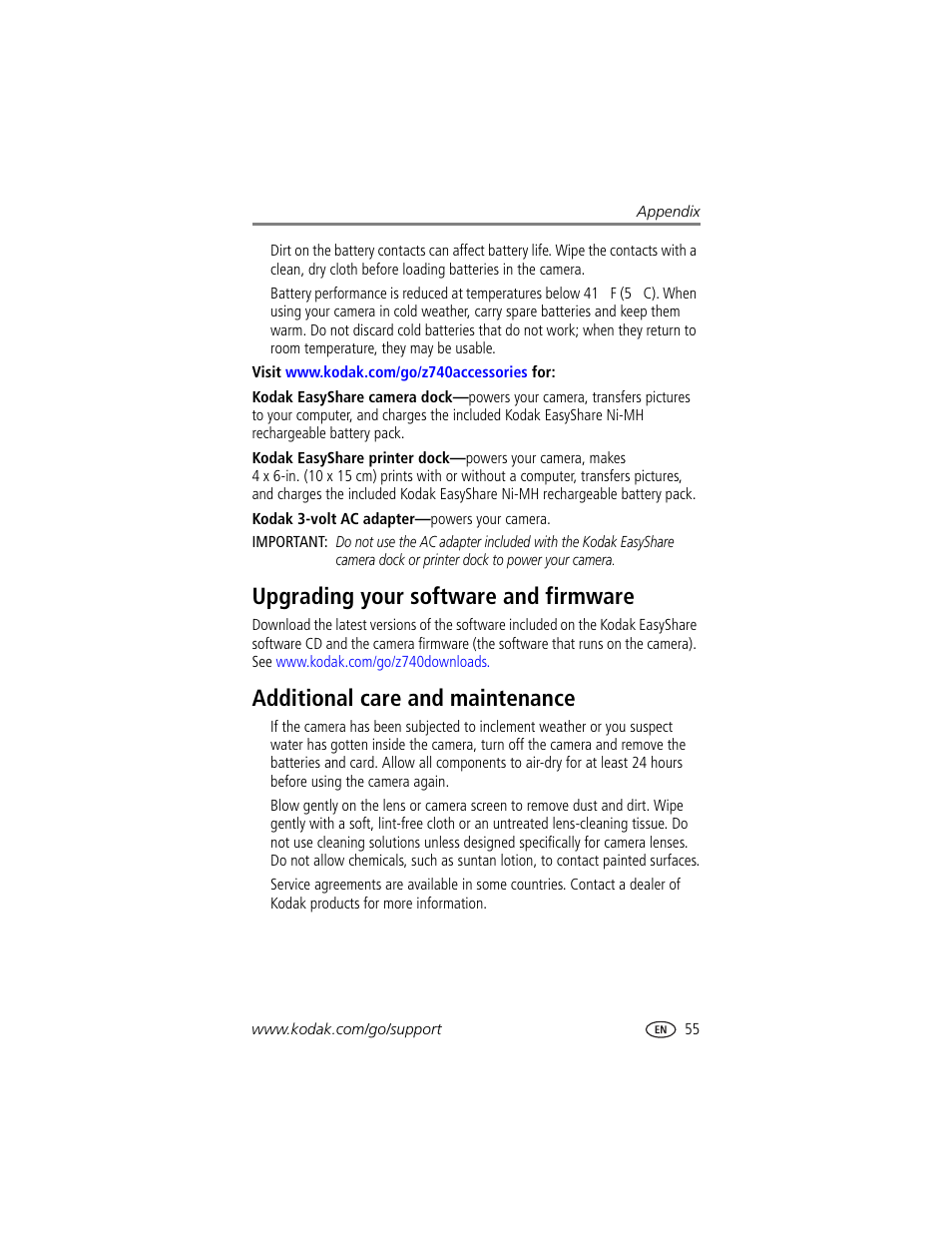 Upgrading your software and firmware, Additional care and maintenance | Kodak Z740 User Manual | Page 61 / 70