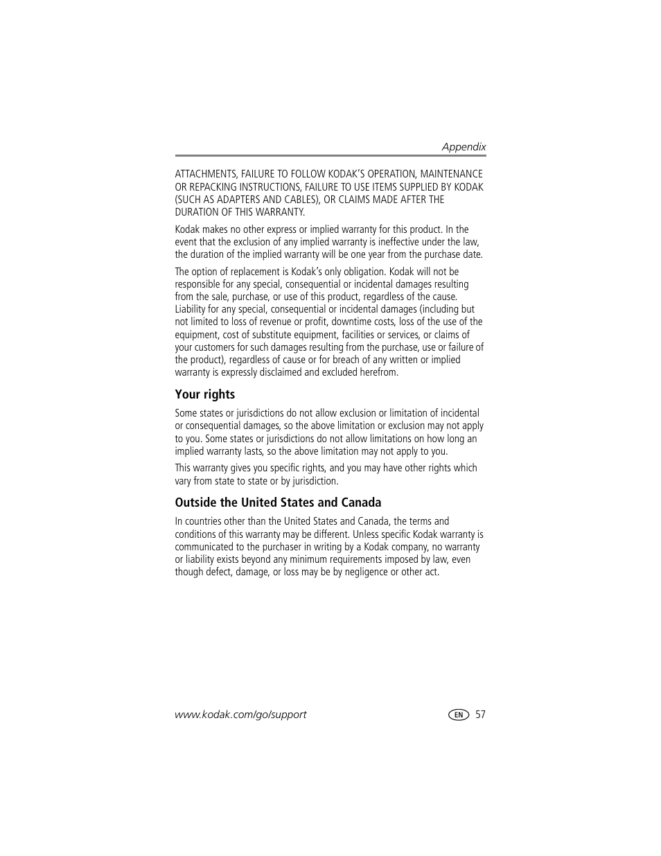 Your rights, Outside the united states and canada | Kodak Z740 User Manual | Page 63 / 70