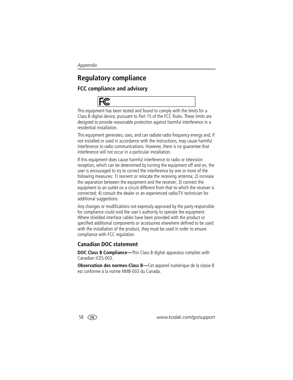 Fcc compliance and advisory, Canadian doc statement, Regulatory compliance | Kodak Z740 User Manual | Page 64 / 70