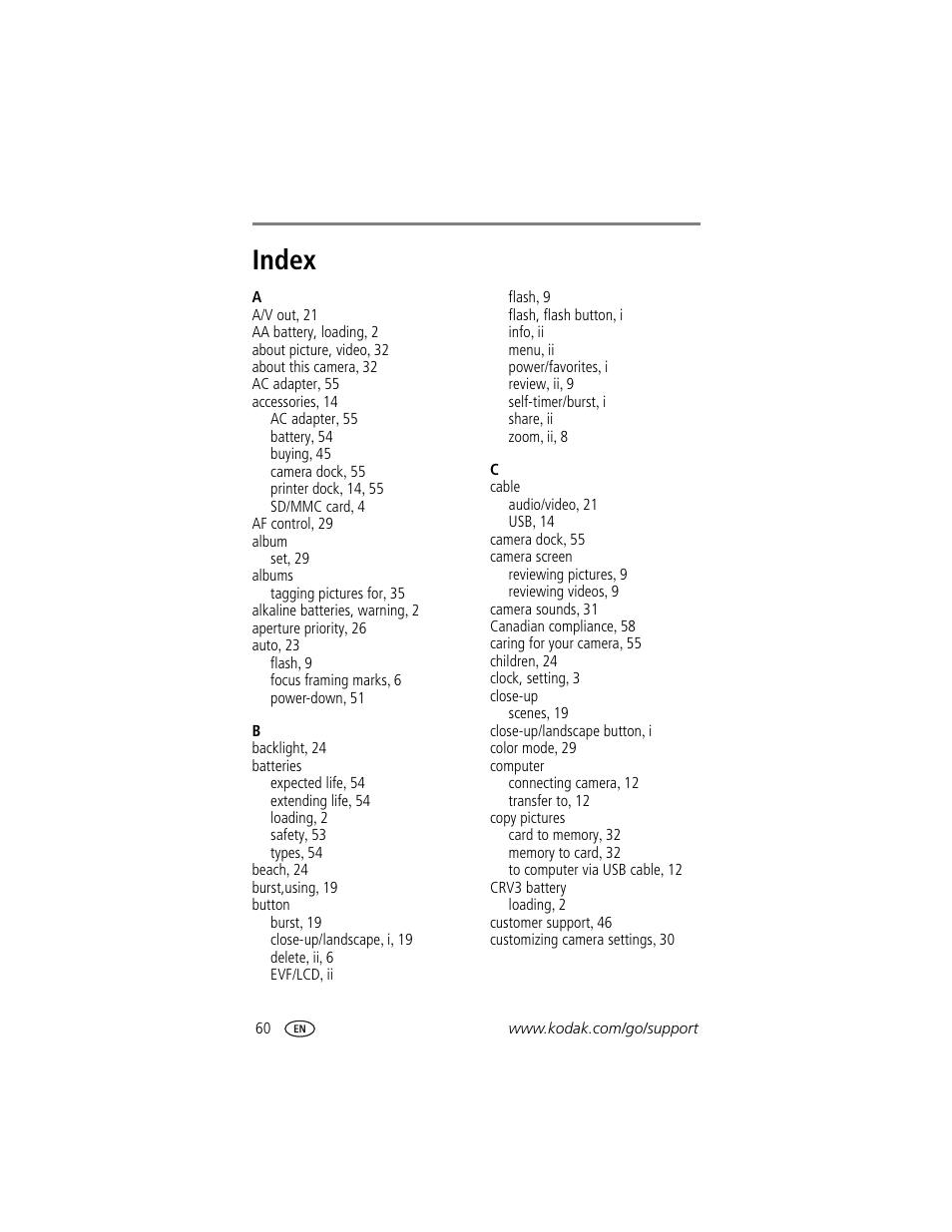 Index | Kodak Z740 User Manual | Page 66 / 70