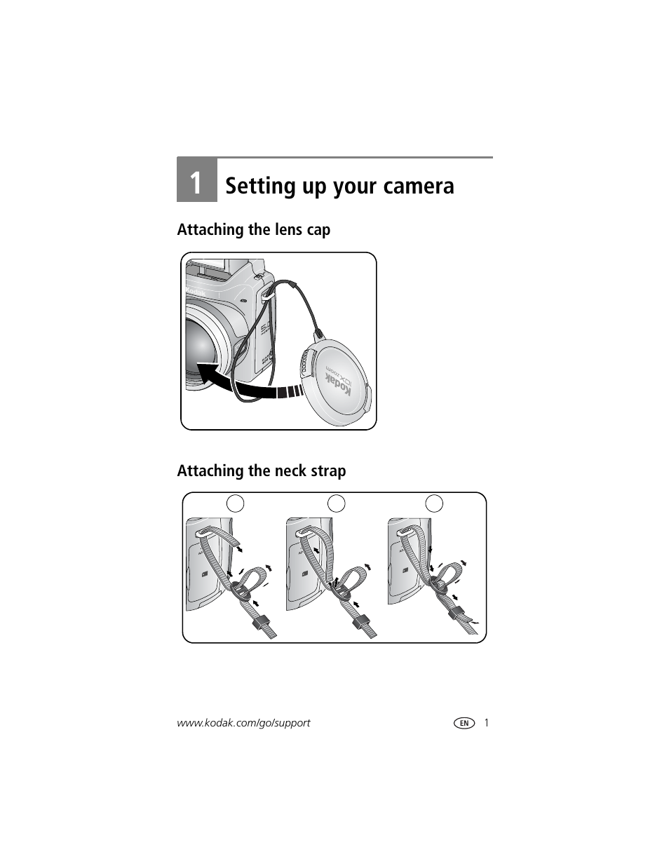Setting up your camera, Attaching the lens cap, Attaching the neck strap | 1 setting up your camera, Attaching the lens cap attaching the neck strap | Kodak Z740 User Manual | Page 7 / 70
