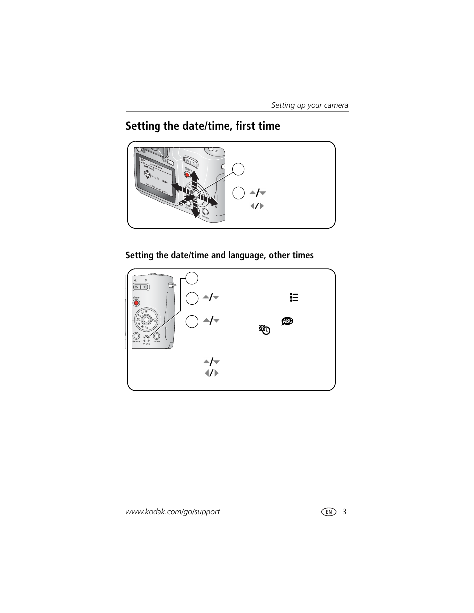 Setting the date/time and language, other times, Setting the date/time, first time | Kodak Z740 User Manual | Page 9 / 70