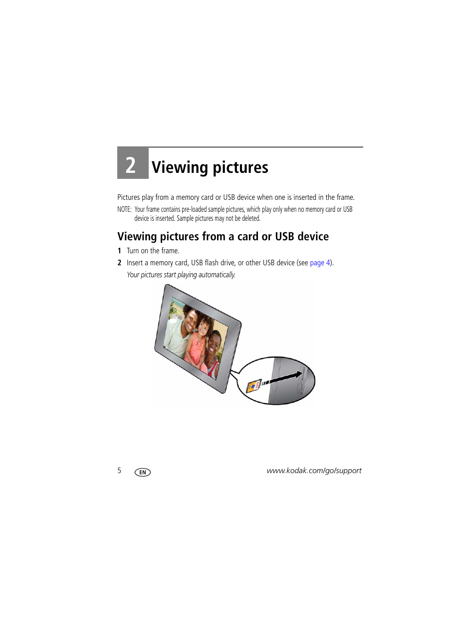 Viewing pictures, Viewing pictures from a card or usb device, 2 viewing pictures | Kodak P85 User Manual | Page 10 / 28