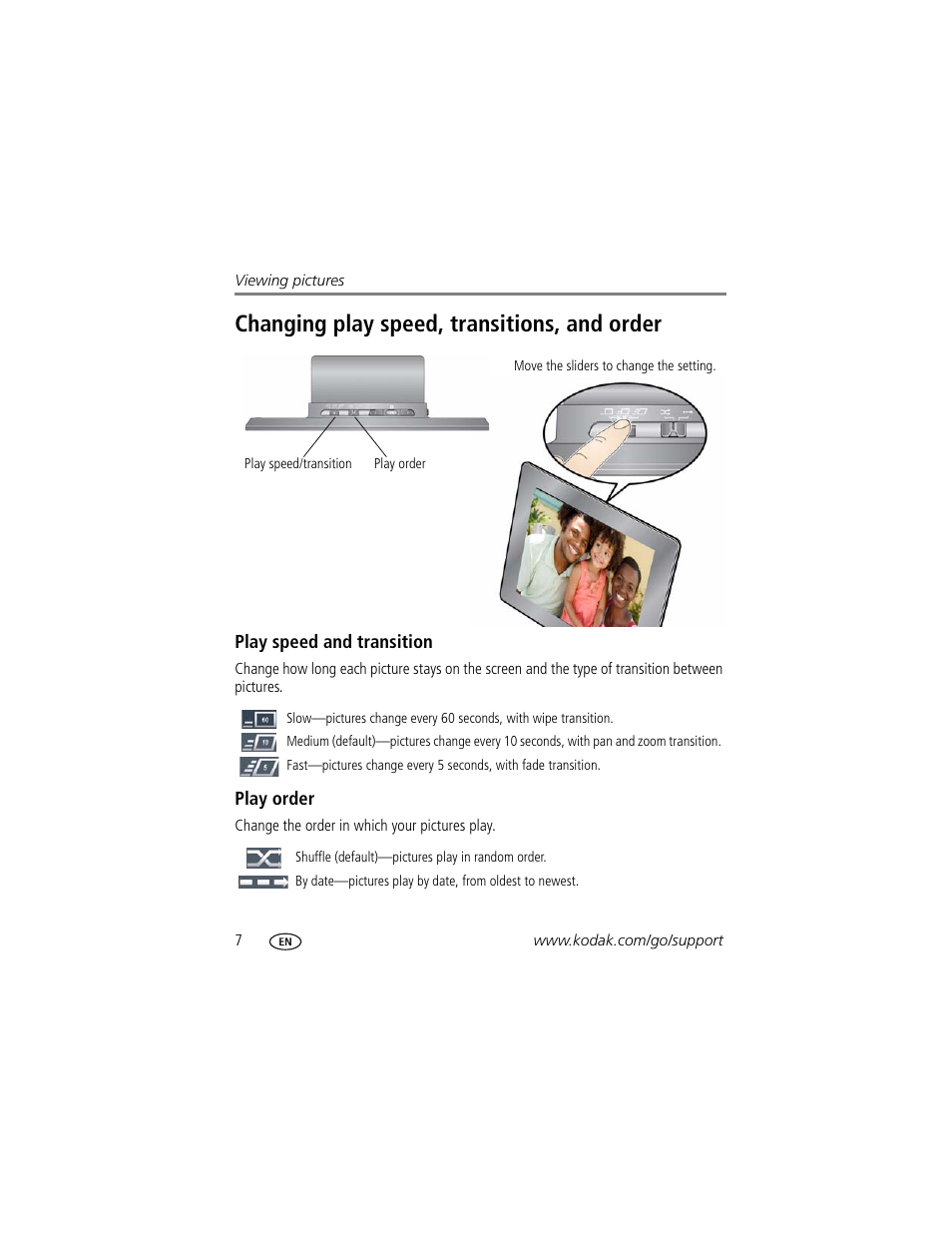 Changing play speed, transitions, and order, Play speed and transition, Play order | Kodak P85 User Manual | Page 12 / 28