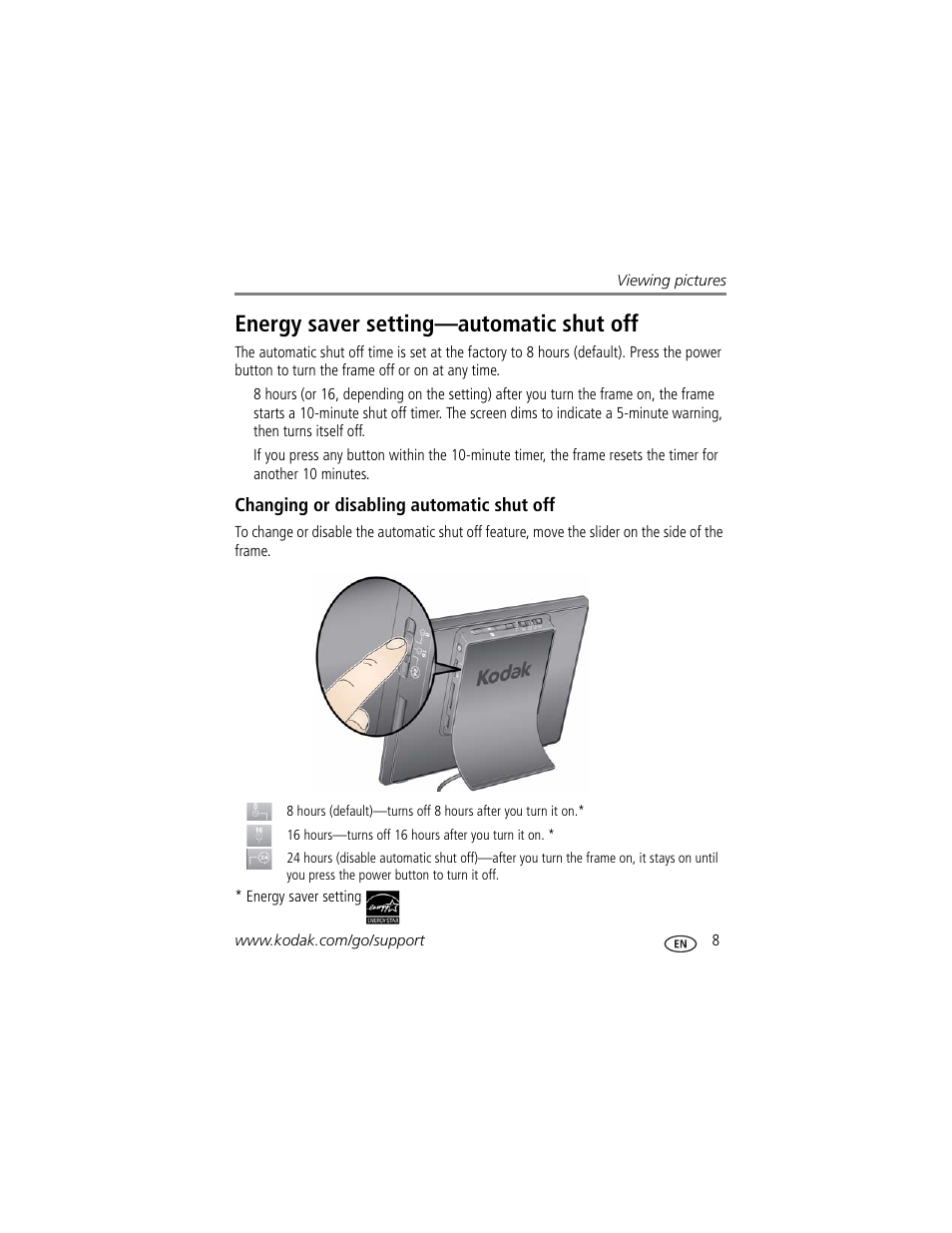 Energy saver setting—automatic shut off, Changing or disabling automatic shut off | Kodak P85 User Manual | Page 13 / 28