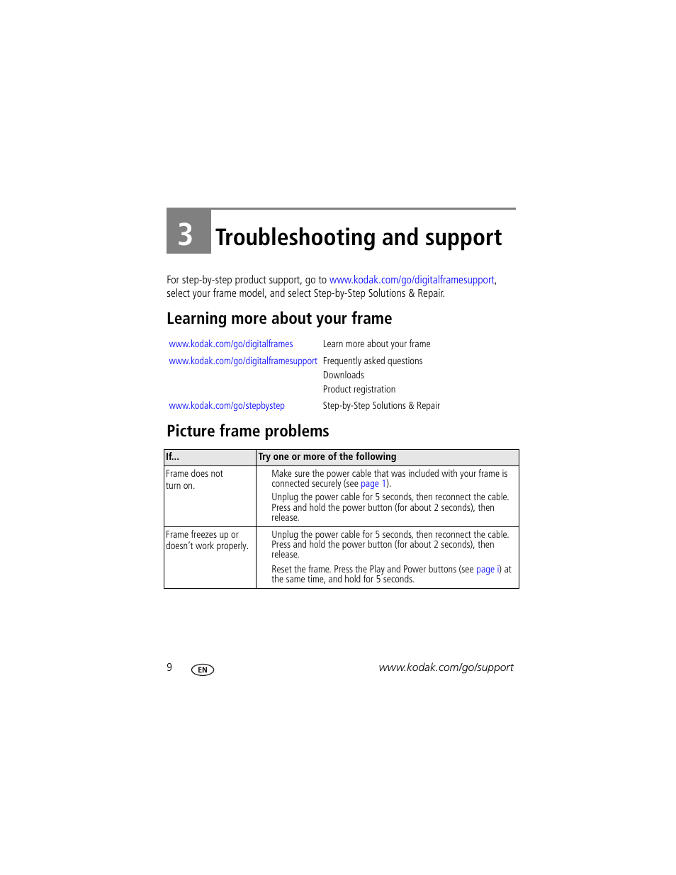 Troubleshooting and support, Learning more about your frame, Picture frame problems | 3 troubleshooting and support | Kodak P85 User Manual | Page 14 / 28