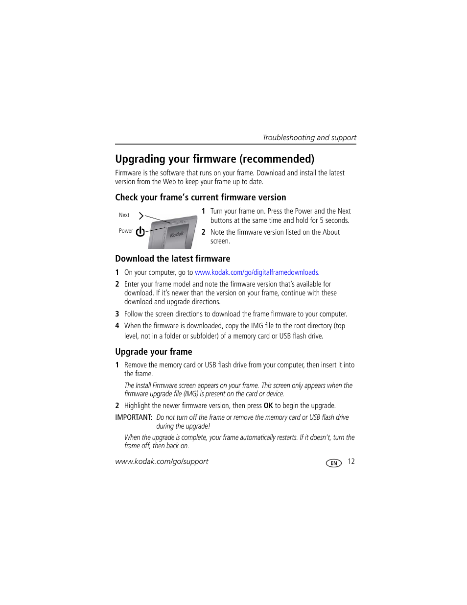 Upgrading your firmware (recommended), Check your frame’s current firmware version, Download the latest firmware | Upgrade your frame | Kodak P85 User Manual | Page 17 / 28