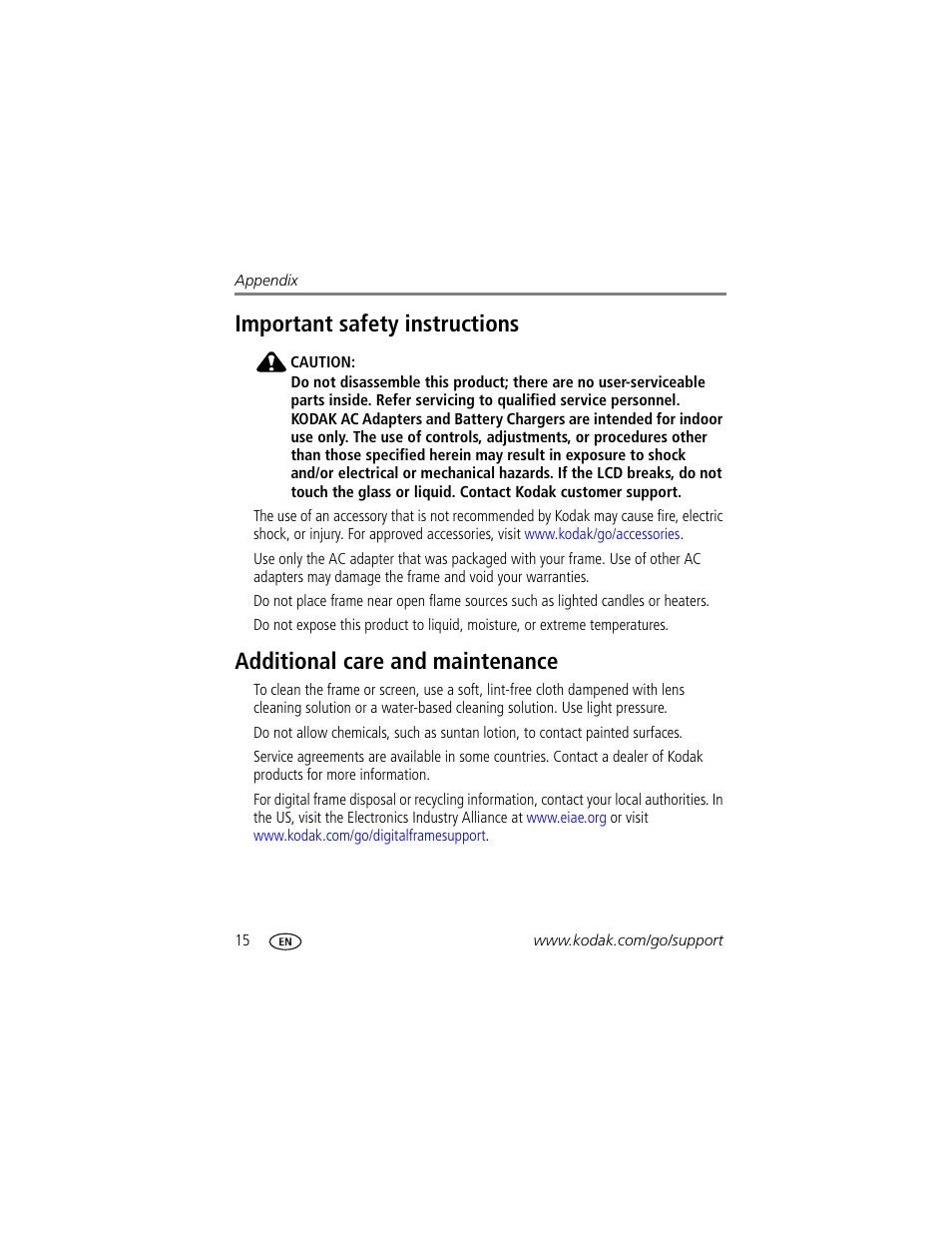 Important safety instructions, Additional care and maintenance | Kodak P85 User Manual | Page 20 / 28